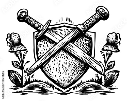 Woodcut Style Illustration of Crossed Swords and Shield With Roses