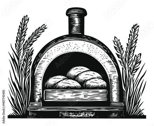Traditional Wood-Fired Oven with Freshly Baked Bread and Wheat