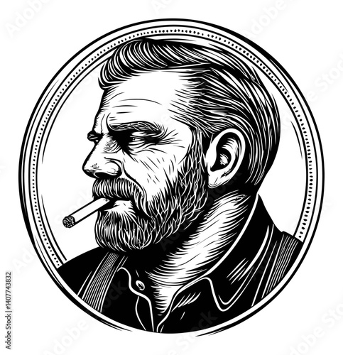 Detailed Woodcut Portrait of a Man with a Beard and Cigarette