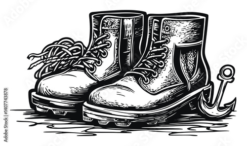 Detailed Woodcut Illustration of Vintage Work Boots and Anchor