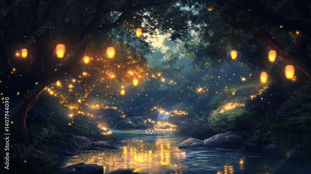 Fototapeta premium A glowing forest scene with lanterns over a gentle stream
