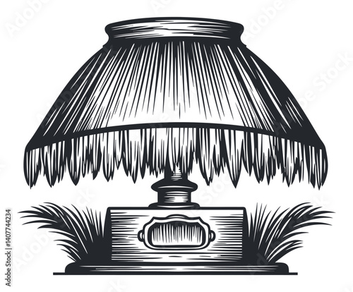 Detailed Woodcut Style Illustration of a Decorative Table Lamp