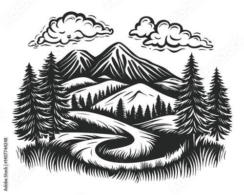 Serene Woodcut Landscape with Mountains and Trees Under Clouds