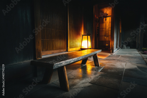 Wallpaper Mural Cozy dark wood ryokan interior with low bench, warm lantern glow, and traditional sliding doors at night Torontodigital.ca