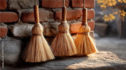Wallpaper Mural Three straw brooms hanging against brick wall, sunny day with cozy atmosphere Torontodigital.ca