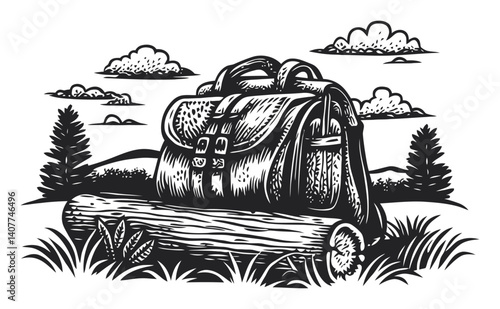 Vintage Woodcut Style Illustration of a Travel Bag on a Log