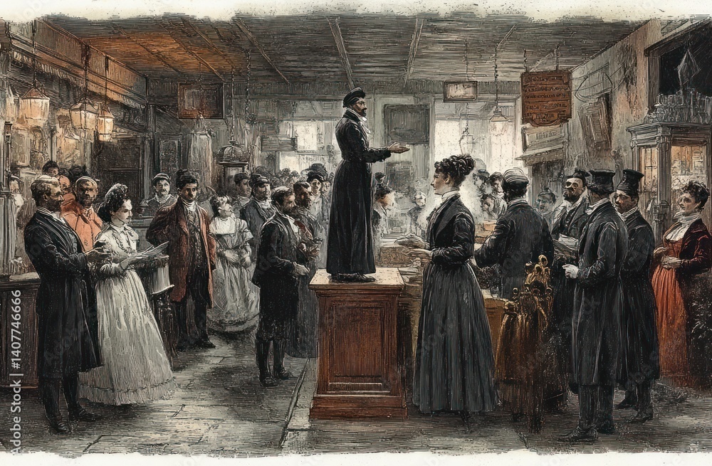 Naklejka premium Victorian Era Indoor Market Scene with Central Figure and Animated Crowd Discussions