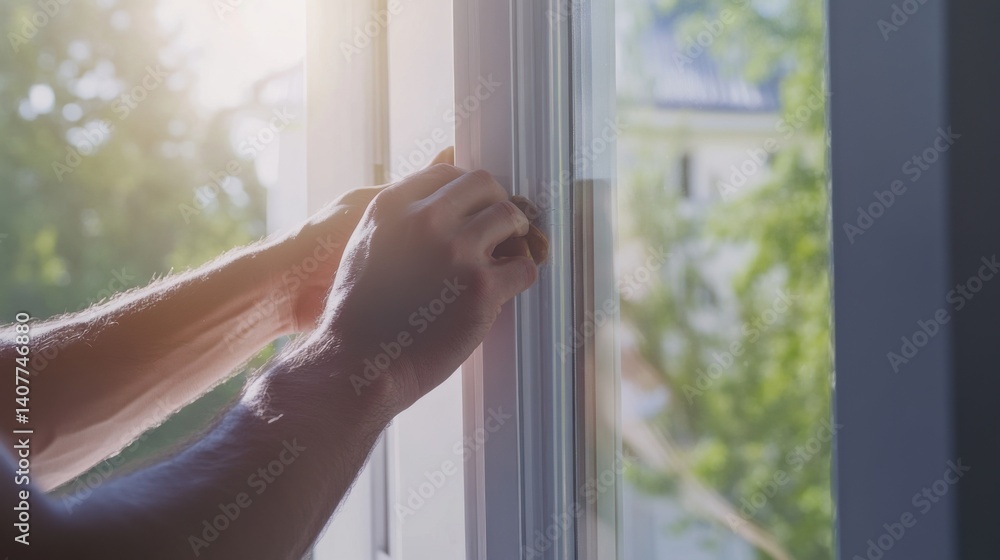 Window installer placing new glass pane into frame. Featuring skill and protection Window installer placing new glass pane into frame. Featuring skill and protection