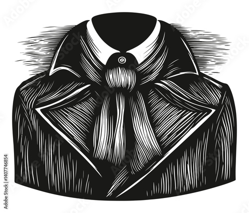 Elegant Woodcut Illustration of a Collared Jacket and Scarf Design