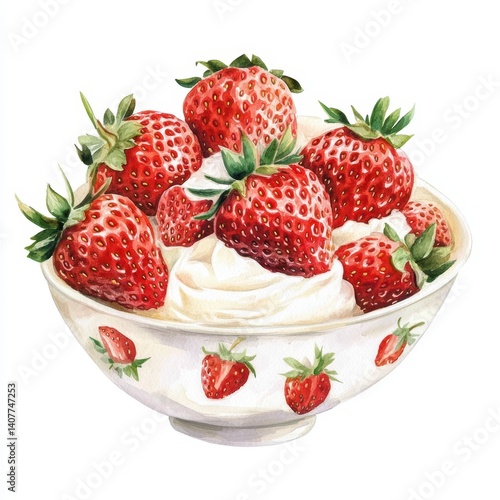 Watercolor Painting of Red Strawberries and Creamy Whipped Cream in a White Bowl