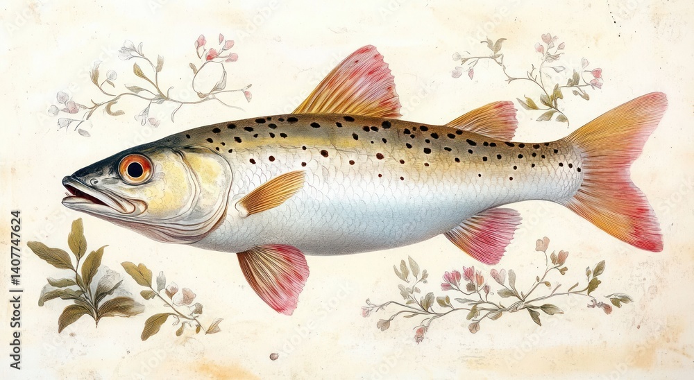 Fototapeta premium Realistic Illustration of Atlantic Cod Fish Side View with Silvery Dotted Skin Vintage Botanical Art