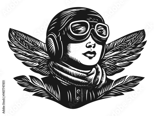 Vintage Woodcut Style Pilot with Wings and Goggles Design