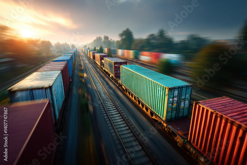 Freight containers on rail flatbeds speeding through scenic landscape at sunrise, evoking motion and efficiency