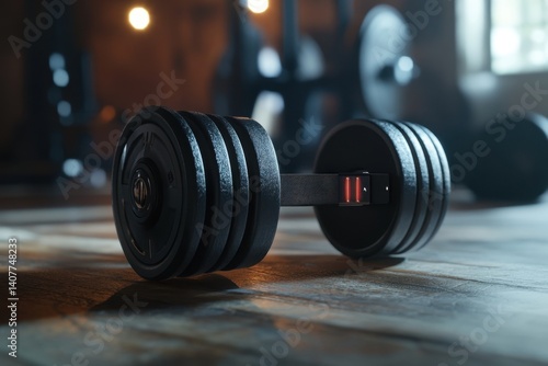 Obraz na płótnie Heavy dumbbell on wooden gym floor with weights in a well-lit fitness space w salonie