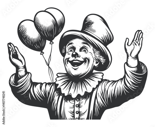 Vintage Woodcut Illustration of a Joyful Clown with Balloons