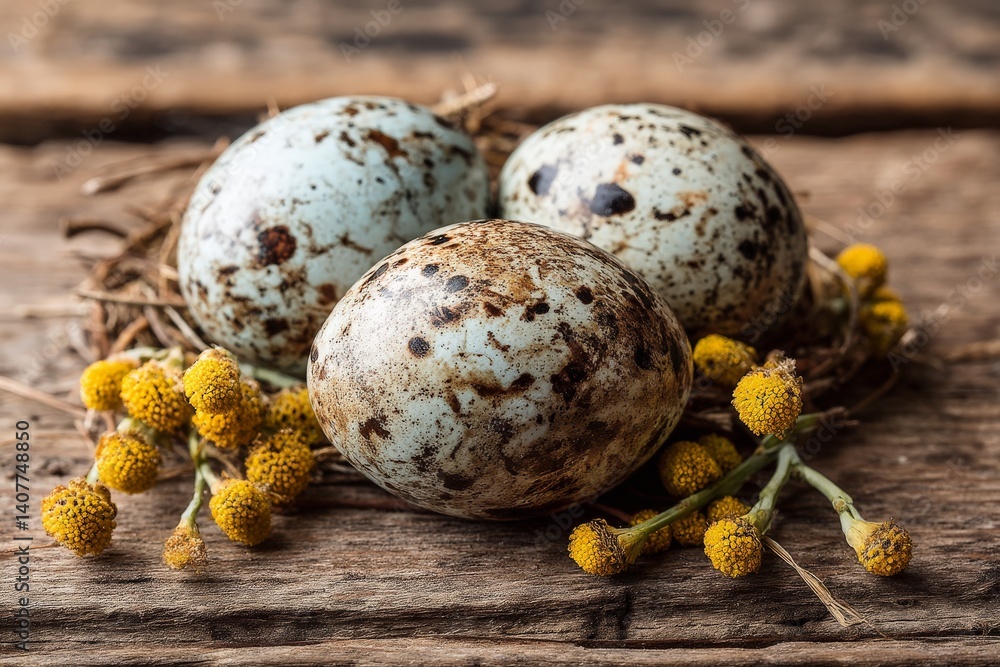 Obraz premium Three speckled eggs resting in a nest with yellow flowers on a rustic wooden surface
