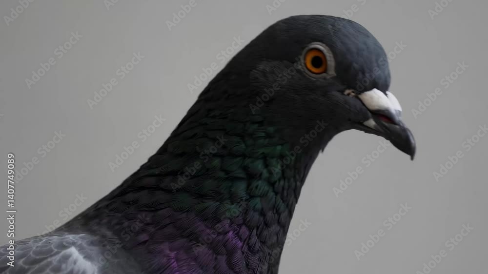 Majestic pigeon head movement showcasing iridescent plumage in closeup Majestic pigeon head movement showcasing iridescent plumage in closeup