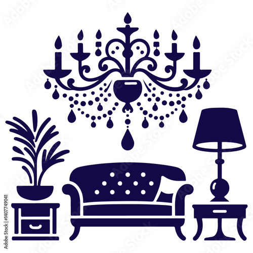 Elegance of noble chandelier styled with minimalist lamp and verdant craft