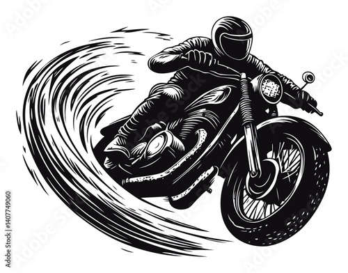 Dynamic Woodcut Style Motorcycle Rider in Motion Artwork
