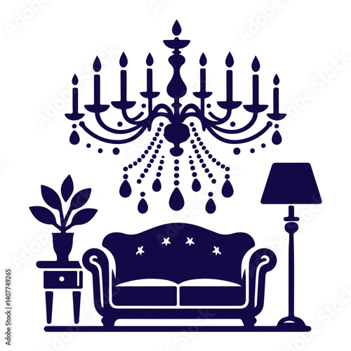 Radiance of artistic chandelier styled with minimalist lamp and planter