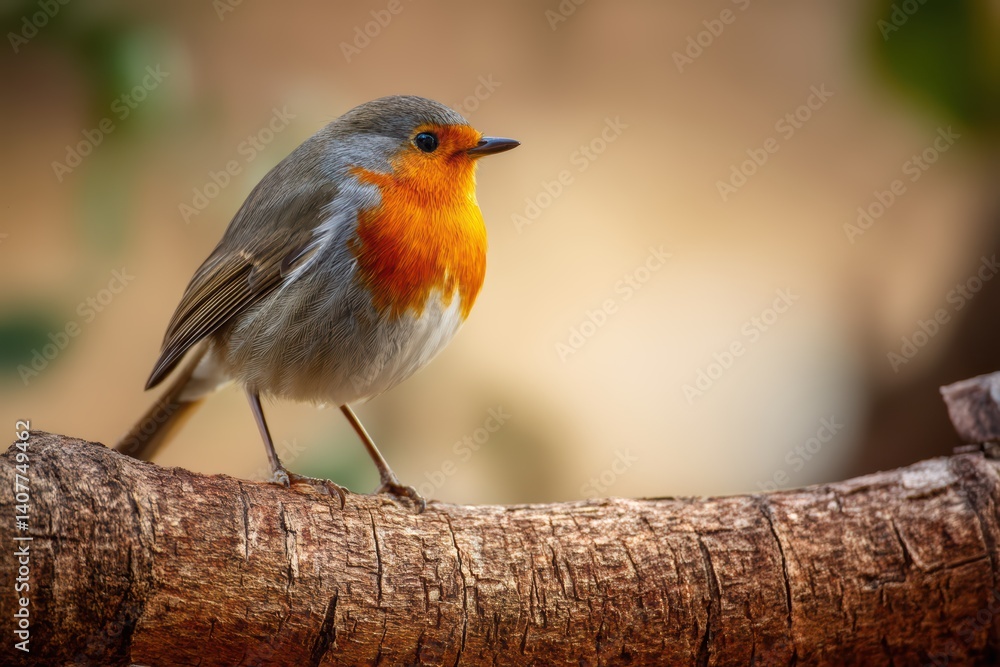 Fototapeta premium Vibrant Eurasian Robin with orange-red throat perched on textured wooden branch in soft natural lighting.