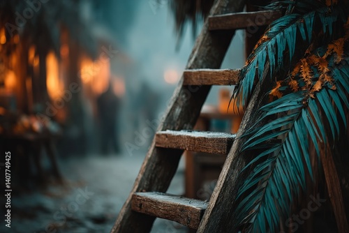 Wooden ladder in a vibrant marketplace surrounded by lush greenery and warm glowing lights in the evening