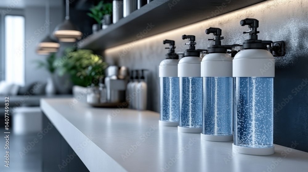 Modern kitchen shelf displaying multiple clear liquid dispensers with bubbles, plants, and soft lighting Modern kitchen shelf displaying multiple clear liquid dispensers with bubbles, plants, and soft lighting