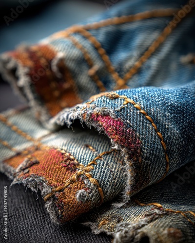 textured decay vibes Close-up View of Worn Denim Fabric and Stitching gritty denim detail