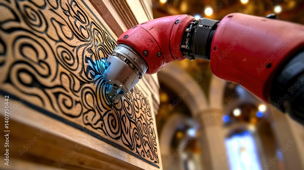 Fototapeta premium Robotic arm painting intricate design on wooden wall in cathedral