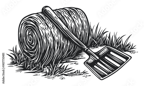 Detailed Woodcut Illustration of Hay Bales with Garden Shovel