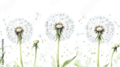 Dandelion Seed Heads Watercolor Painting on White Background