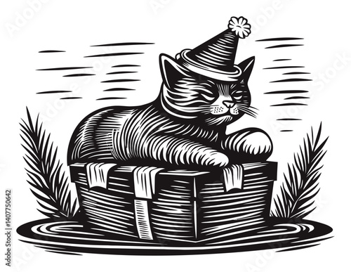 Playful Cat on a Gift Box in a Woodcut Style Print