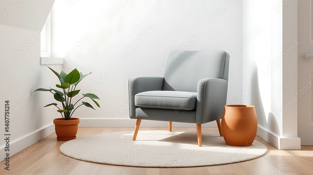 Fototapeta premium Cozy Minimalist Living Corner with Modern Armchair and Indoor Plants