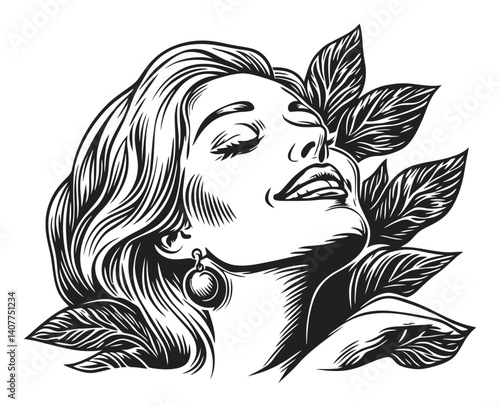 Elegant Woman Illustration Surrounded by Leaves in Woodcut Style