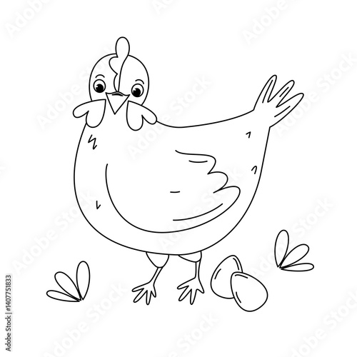 cute cartoon character hand drawn black and white hen and easter eggs in the meadow funny vector illustration for coloring art
