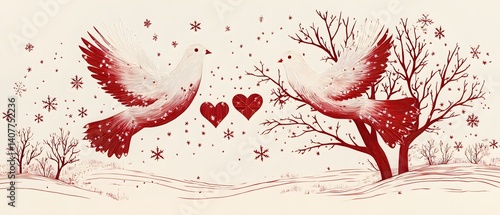 there are two birds flying in the air near a tree