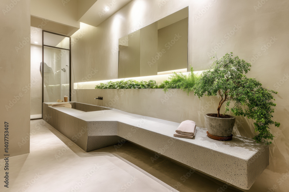 serene modern bathroom with long concrete bench, greenery, and soft lighting for calming ambiance serene modern bathroom with long concrete bench, greenery, and soft lighting for calming ambiance