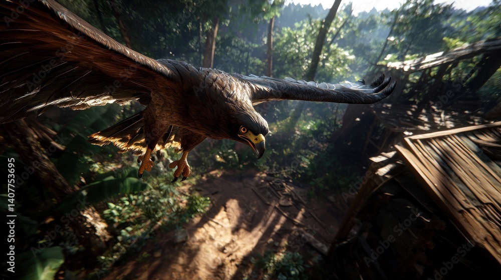 Obraz premium Eagle Soaring Over Jungle Ruins