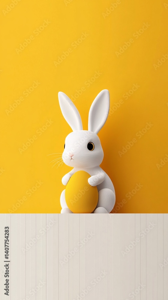 Obraz premium White easter bunny holding golden egg on yellow background