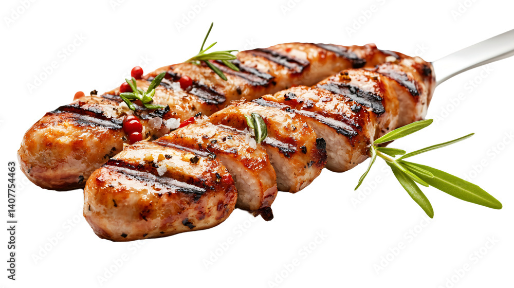 Delicious Grilled Sausage on a Fork, Isolated on White Background for Food Lovers Delicious Grilled Sausage on a Fork, Isolated on White Background for Food Lovers