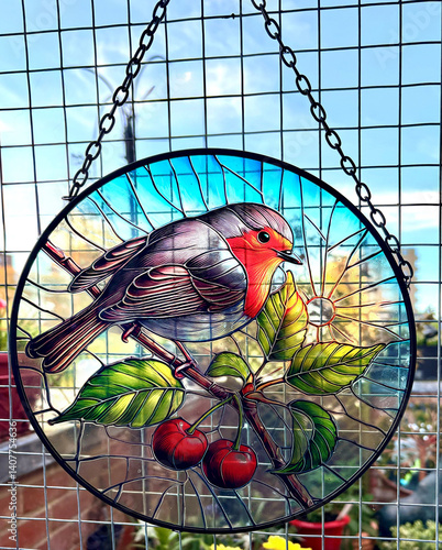 Hanging stained glass window suncatcher with a Robin Redbreast perching on a branch, with a garden background- Generic artwork with no identifying marks