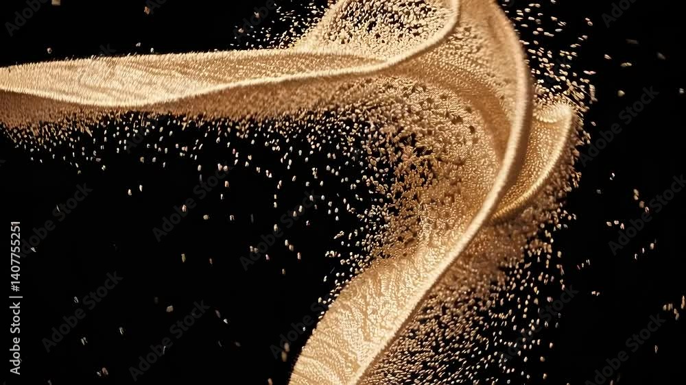 Abstract swirling particles forming golden wave motion on black background, elegant fluid simulation for design and motion graphic concepts
