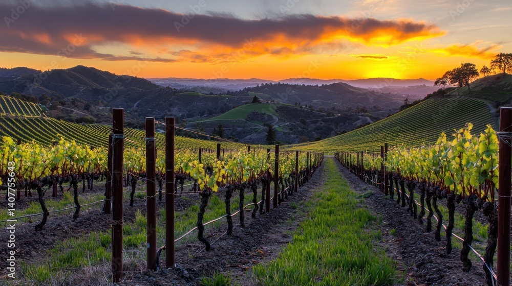 Fototapeta premium Vineyard rows at sunset, California hills