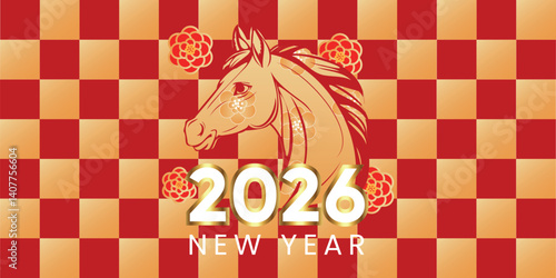 Chessboard, Holiday, Celebration, Happy New Year, Chinese New Year, 2026, Symbol, Horse, Silhouette, Lettering, Numbers, Flowers, Style, Red, Golden, Gold, Burgundy, White, Vector Illustration