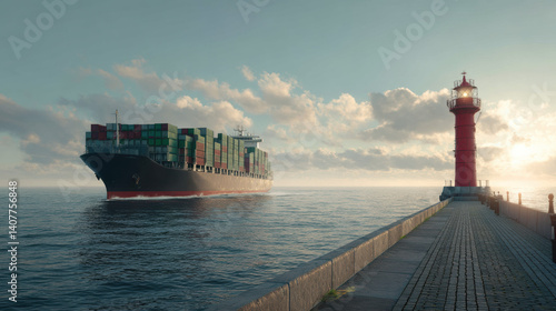 large cargo ship entering port with red lighthouse in foreground under serene sky