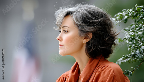Pensive woman with short, graying hair in profile, wearing rust-colored top, outdoors