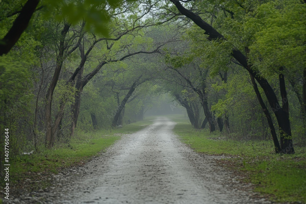 Naklejka premium Gravel path disappears into misty, green forest, with arching tree limbs. Use for backgrounds showing nature, peace, or journey's unknown.