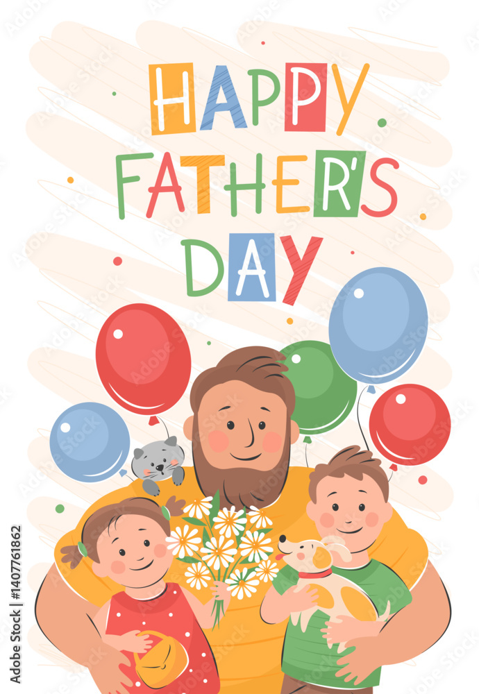 Happy Father's Day card. Children congratulate father. Vector cute illustration for postcards, posters, banner. Happy Father's Day card. Children congratulate father. Vector cute illustration for postcards, posters, banner.