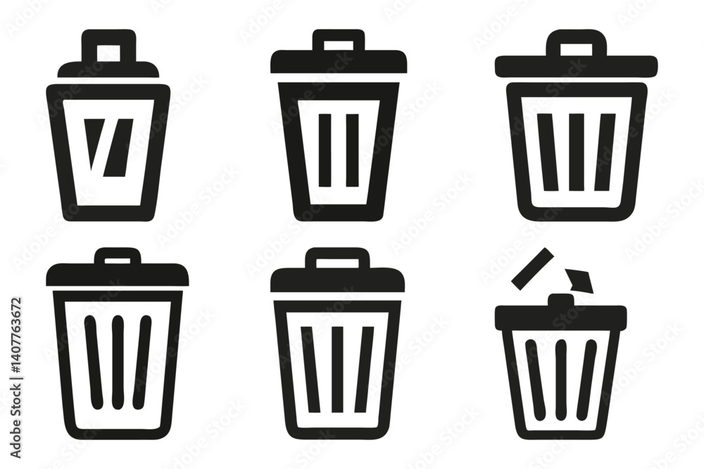 Trash Bin Icon Set Minimalist Disposal and File Management Symbols Trash Bin Icon Set Minimalist Disposal and File Management Symbols