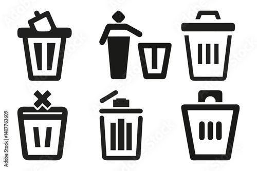 Trash Bin Icon Set Minimalist Disposal and File Management Symbols